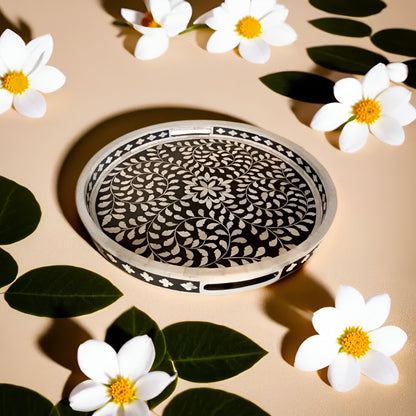 Bone Inlay Round Tray in Floral Design - Black