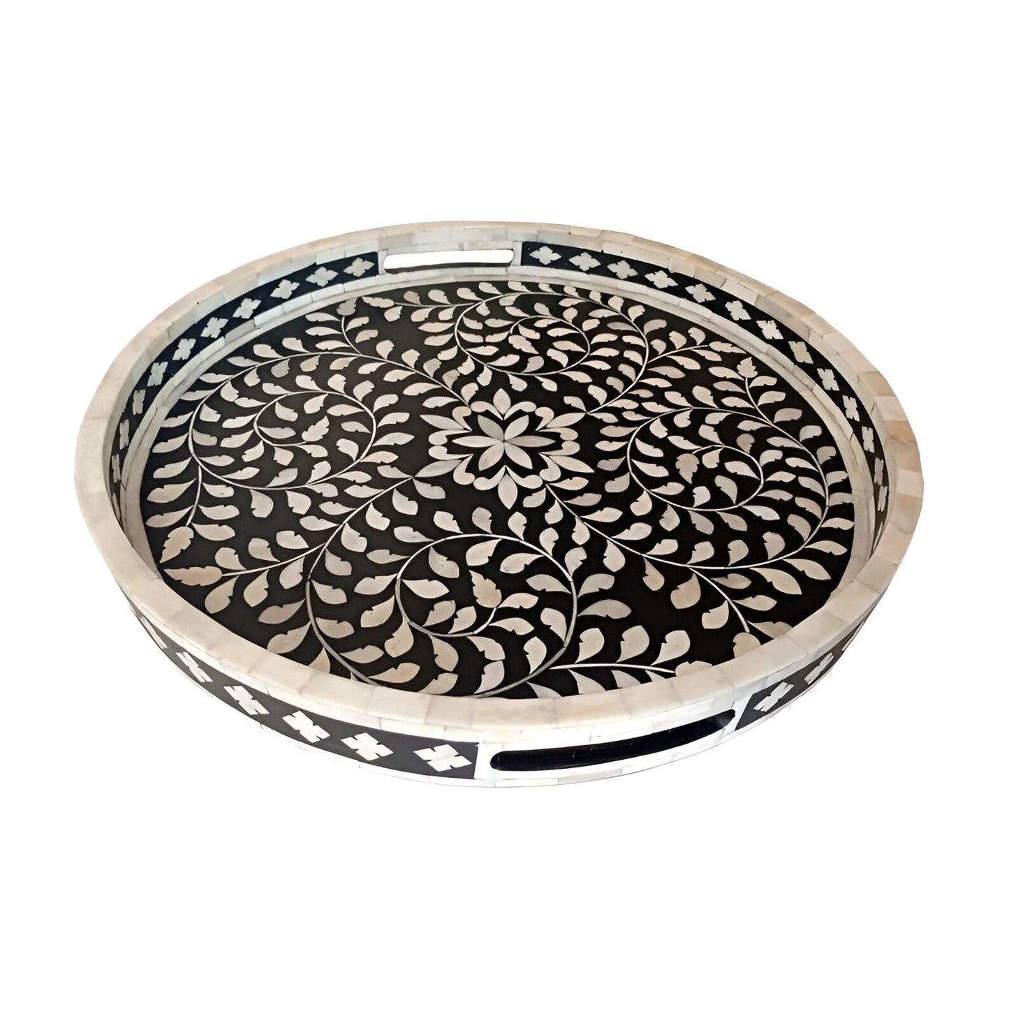 Bone Inlay Round Tray in Floral Design - Black