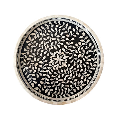 Bone Inlay Round Tray in Floral Design - Black