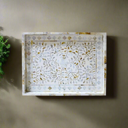 Mother of pearl inlay Rectangle serving tray White