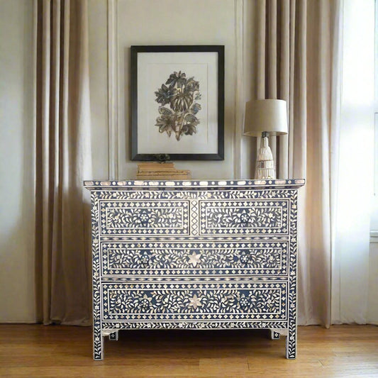 HANDMADE DARK BLUE MOTHER OF PEARL CHEST OF 4 DRAWERS