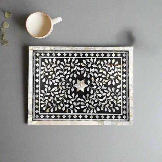 Mother of pearl inlay Rectangle  Serving Tray Black