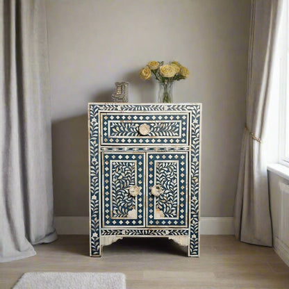 HANDMADE FLORAL PATTERN DARK BLUE MOTHER OF PEARL INLAY BEDSIDE TABLE