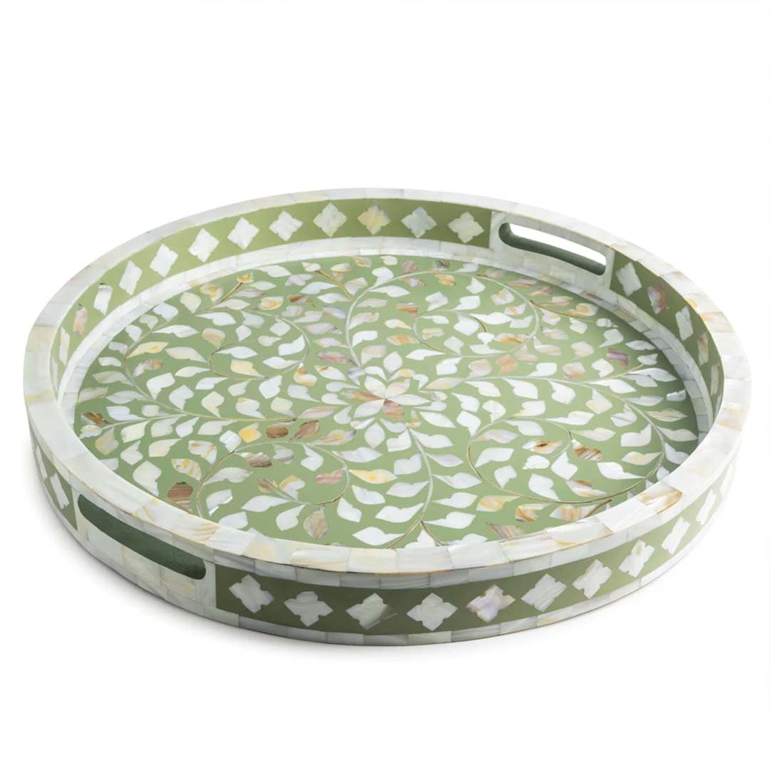 Handcrafted Mother Of Pearl Inlay Tray- Olive Green