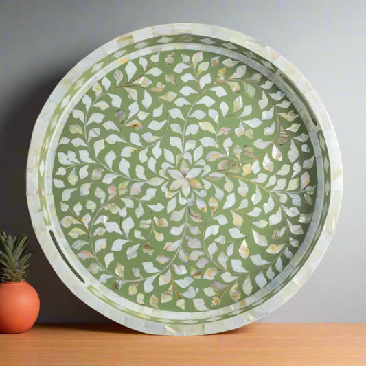 Handcrafted Mother Of Pearl Inlay Tray- Olive Green