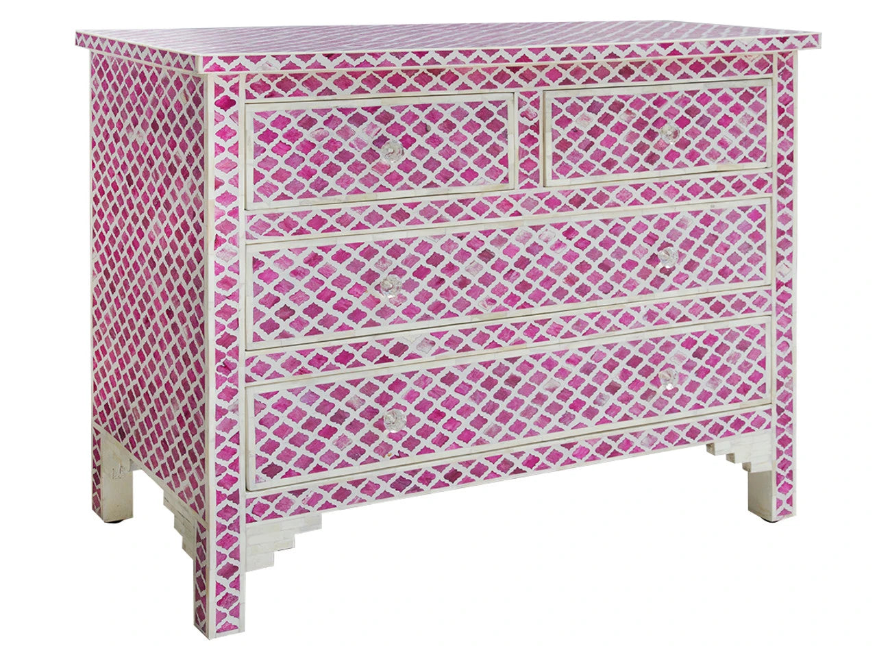 HANDMADE PINK BONE INLAY MARRAKECH PATTERN CHEST OF 4 DRAWERS