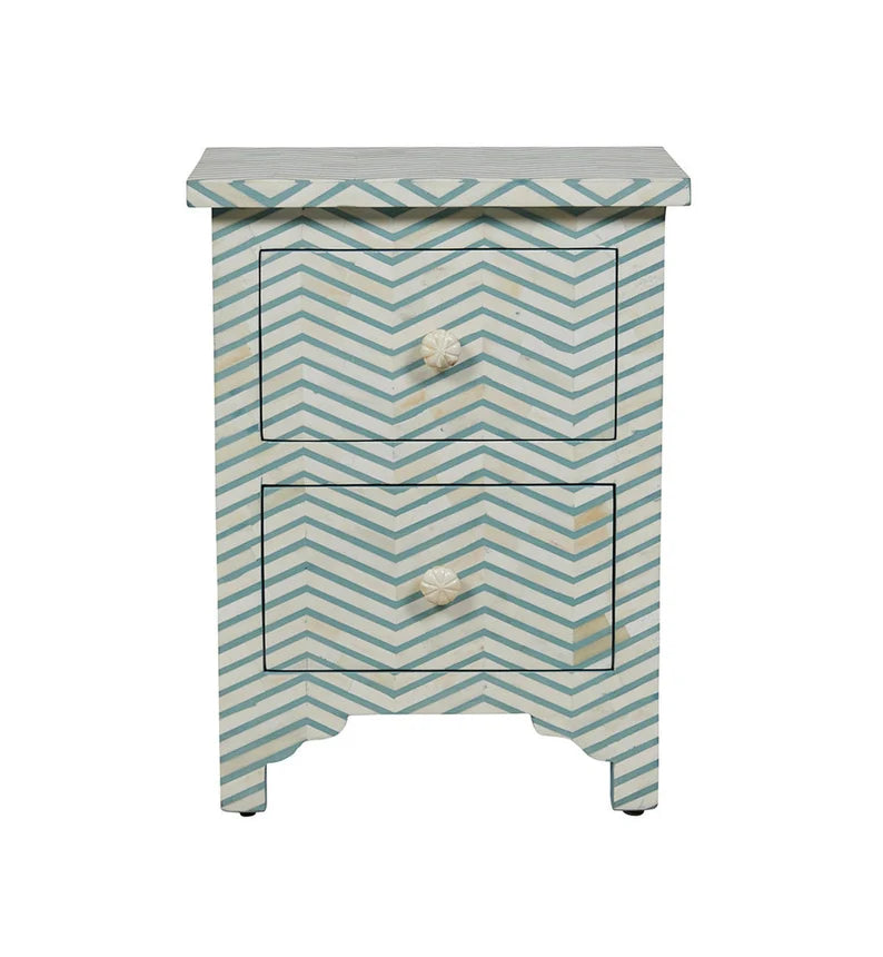 Handmade Bone Inlay Blue Chevron Pattern Bedside for Home Decor