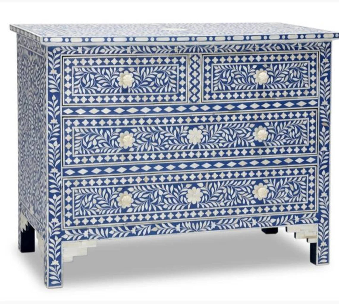 Handmade Indigo bone inlay chest of drawer for home decor, bone inlay furniture