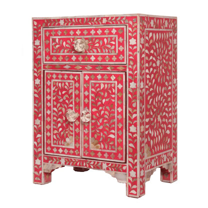 Handmade Red Mother of Pearl Inlay Floral Bedside/Nightstand/ End Table for Home and Living Room Furniture