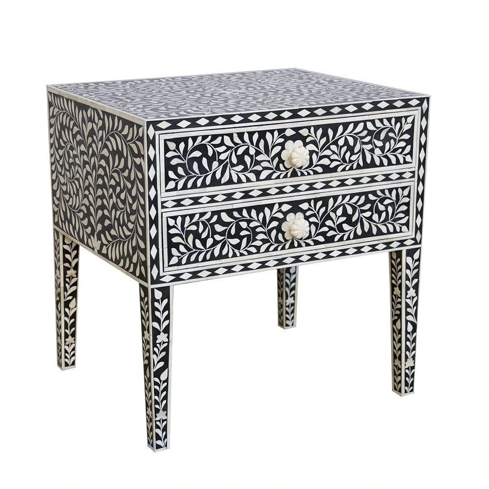 Handmade Bone Inlay Black Floral Nightstand