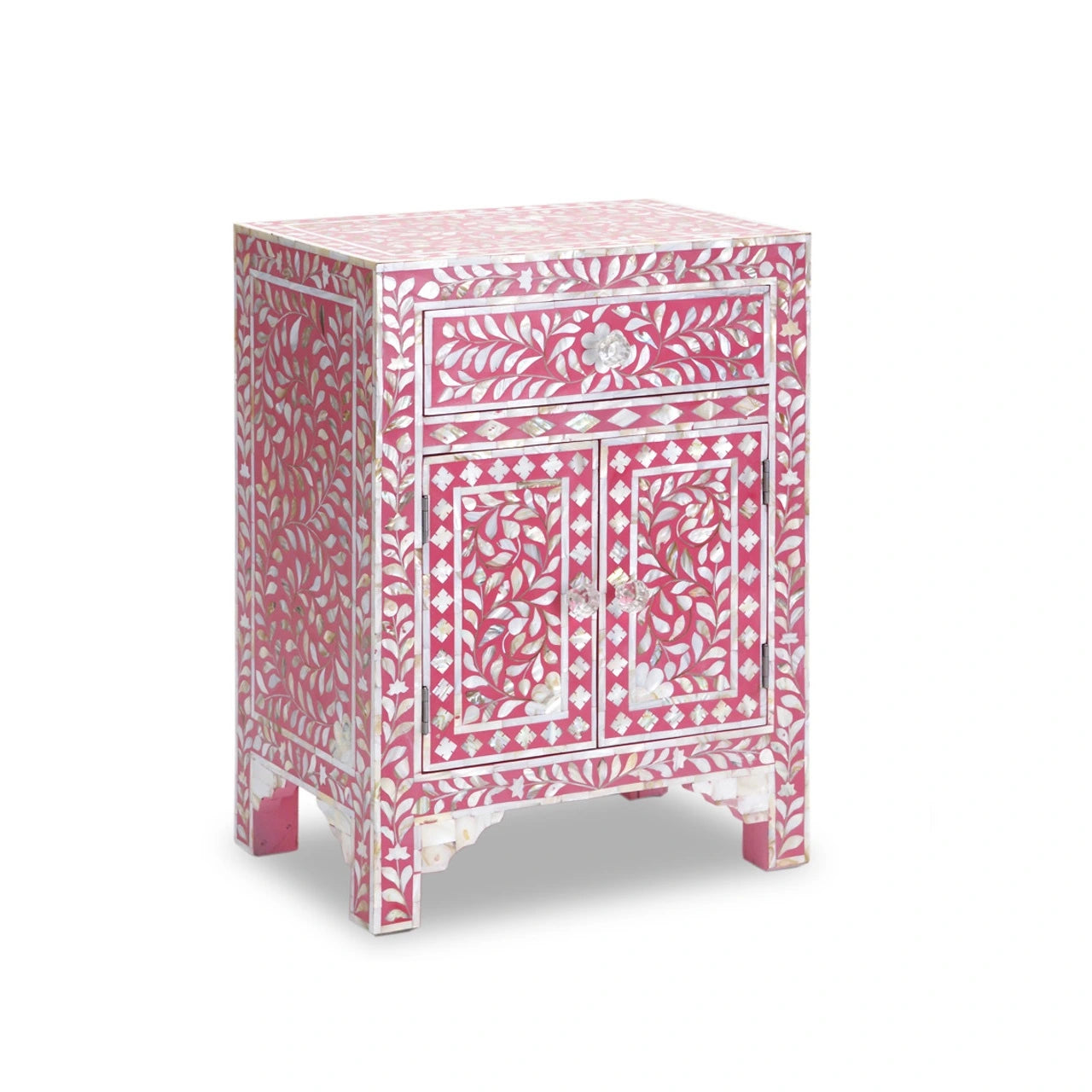 HANDMADE FLORAL PATTERN PINK BONE INLAY FLORAL PATTERN BED SIDE TABLE