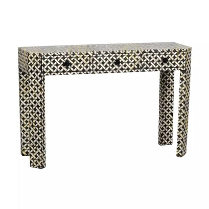 HANDMADE BLACK BONE INLAY CONSOLE TABLE IN GEOMETRICAL MESH DESIGN