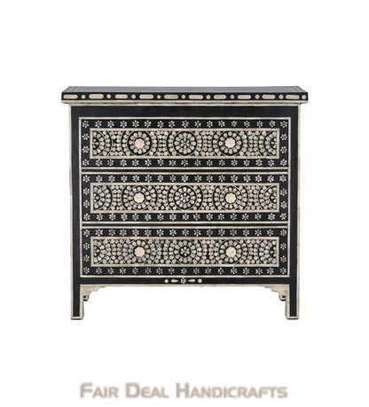 Bone Inlay Black Chest of 3 Drawers | Geometric Dresser