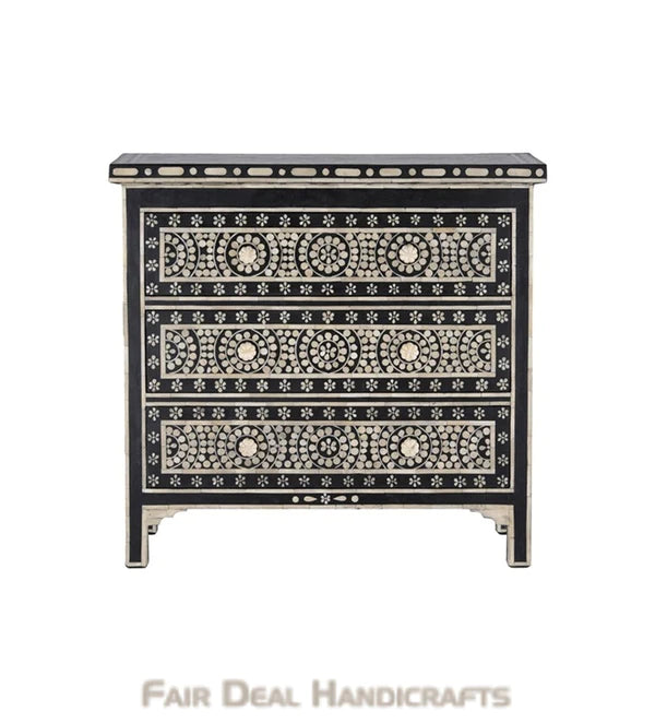 Bone Inlay Black Chest of 3 Drawers | Geometric Dresser