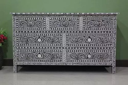 Bone Inlay Black Floral Chest of 7 Drawer | Bone Inlay Dresser