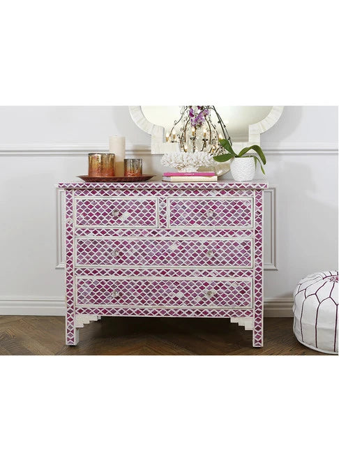 HANDMADE PINK BONE INLAY MARRAKECH PATTERN CHEST OF 4 DRAWERS