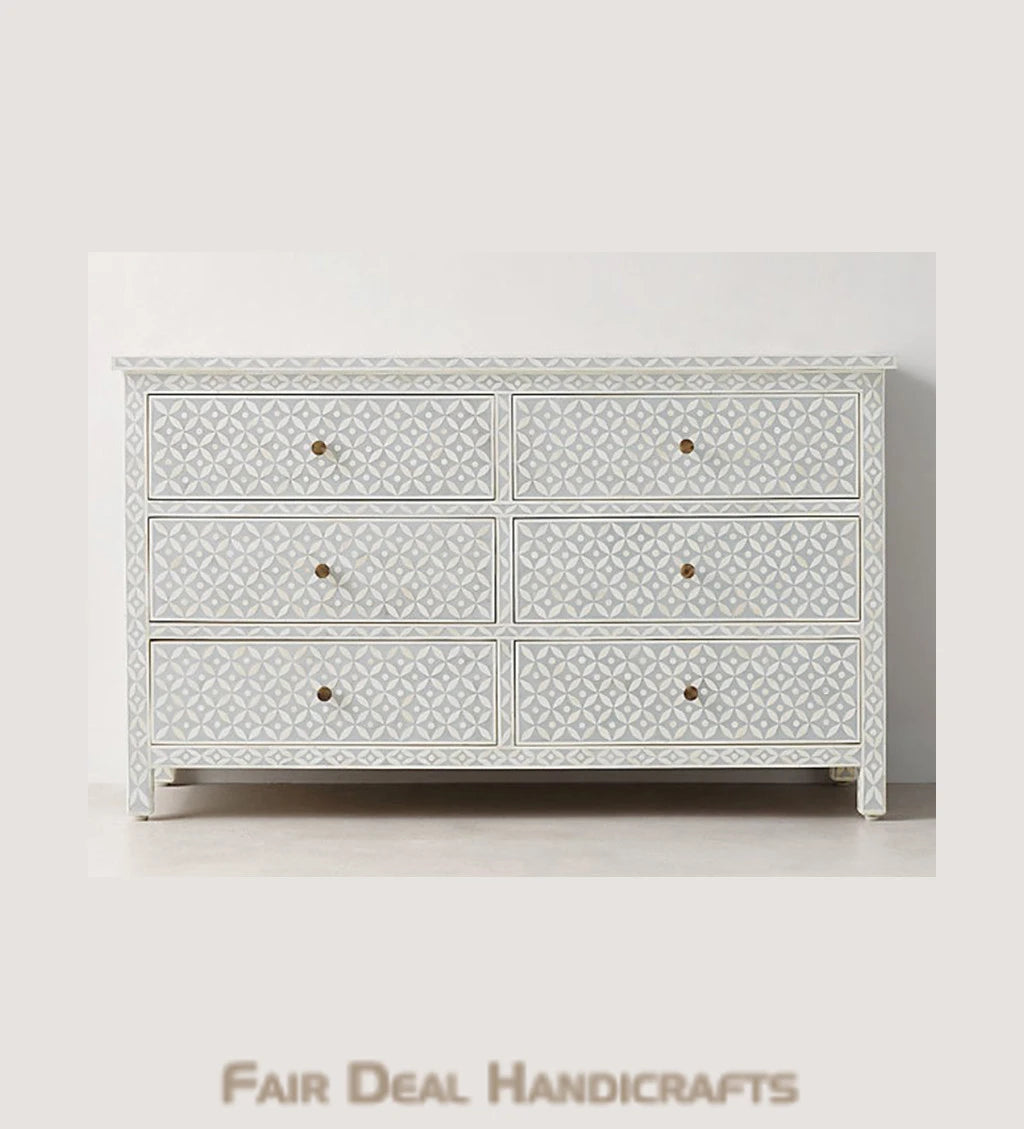 HANDMADE GREY STAR EYE PATTERN BONE INLAY CHEST OF 6 DRAWERS