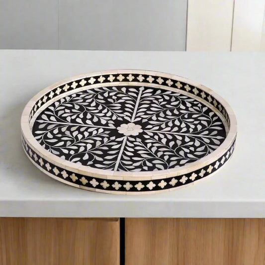 Handmade Bone Inlay Black Floral Round Tray