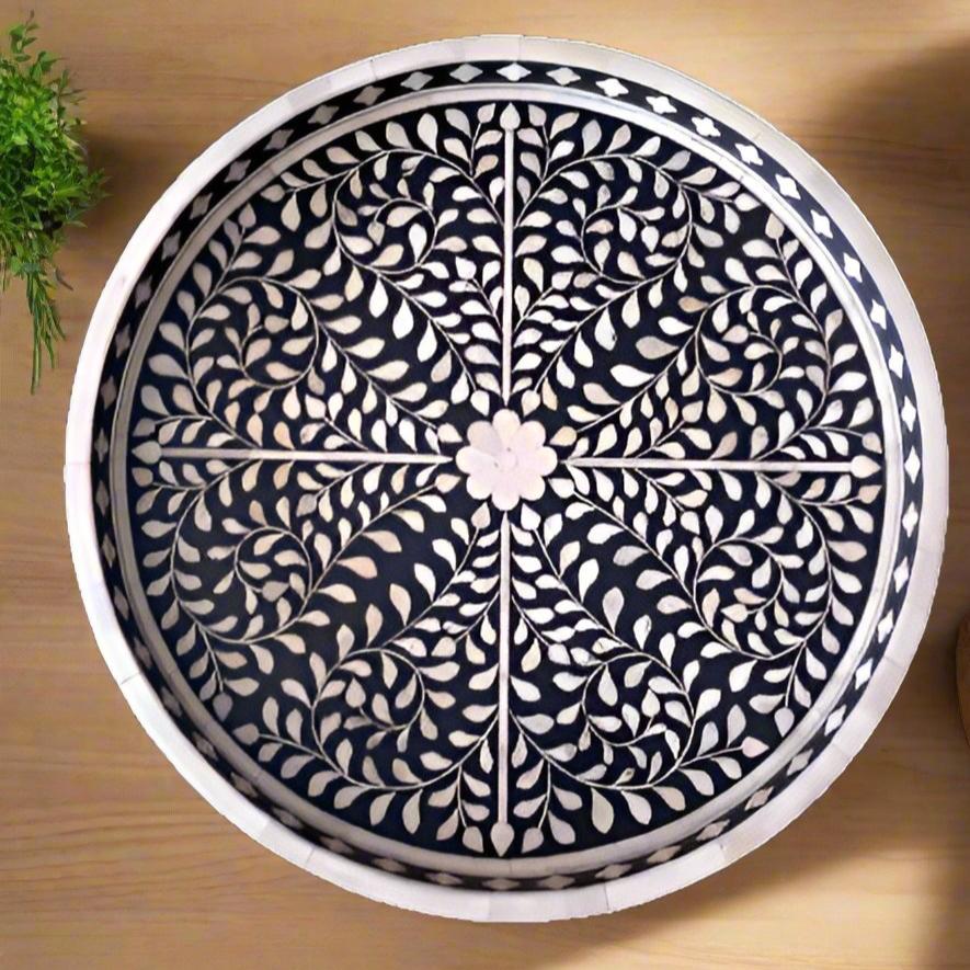 Bone Inlay Round Tray in Floral Design - Black