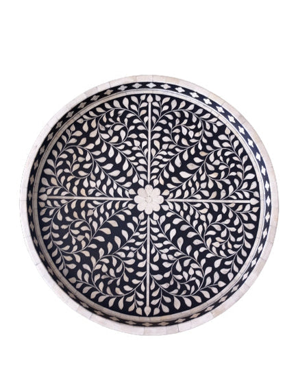 Bone Inlay Round Tray in Floral Design - Black