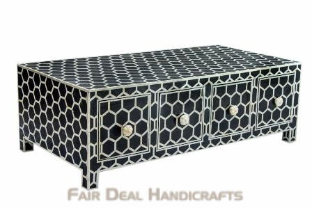 Geometric Honeycomb Pattern Bone Inlay Coffee Table - Fairdeal Handicrafts