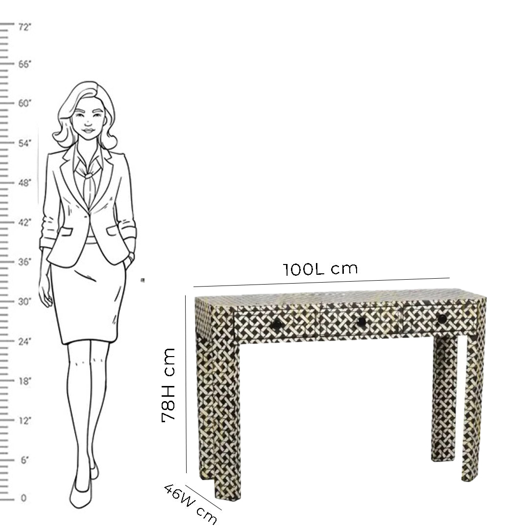 HANDMADE BLACK BONE INLAY CONSOLE TABLE IN GEOMETRICAL MESH DESIGN