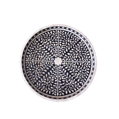 Bone Inlay Round Tray in Floral Design - Black