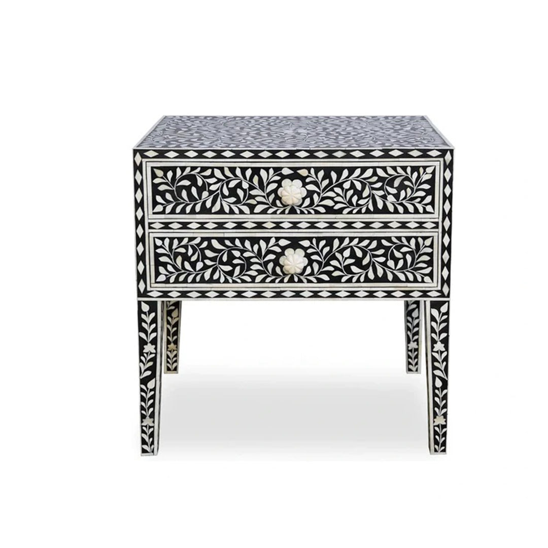 Floral Pattern Bone Inlay Nightstand Table - Black