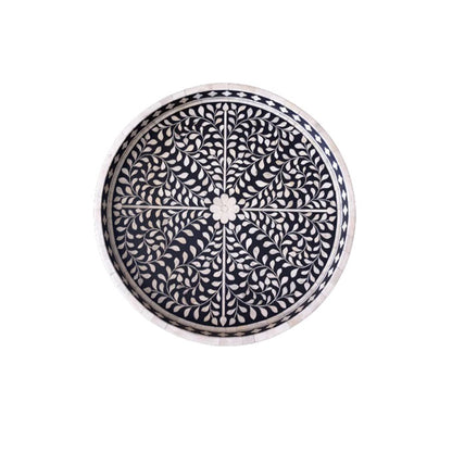 Bone Inlay Round Tray in Floral Design - Black