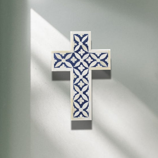 Handmade  Bone Inlay Geometric Pattern Wall Cross  - ( BLUE )