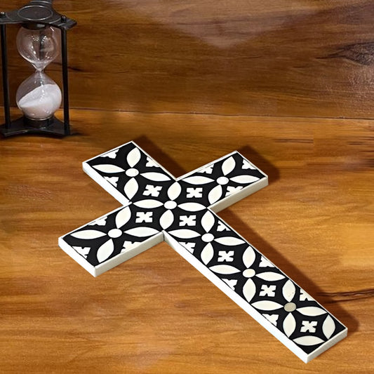 Handmade  Bone Inlay Floral Pattern Wall Cross (Black)