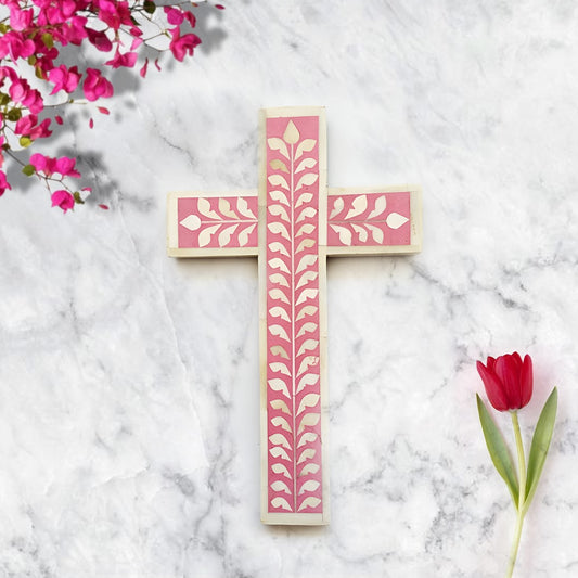 Handmade  Bone Inlay Floral Pattern Wall Cross  - ( Pink )