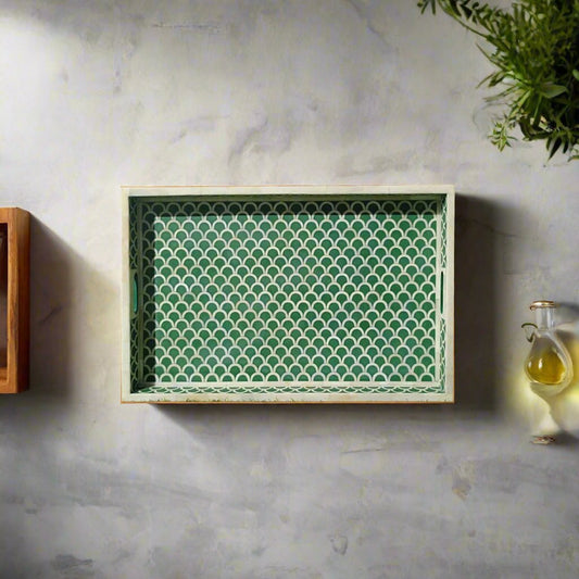 Bone Inlay Tray in  Fish Scale pattern  Tray Design - Green