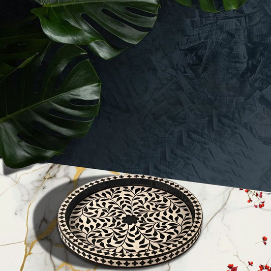 Bone Inlay Round Tray in Floral Design - Black