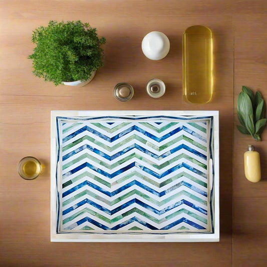 Bone Inlay Tray in Geometric Chevron Design - Blue and Green