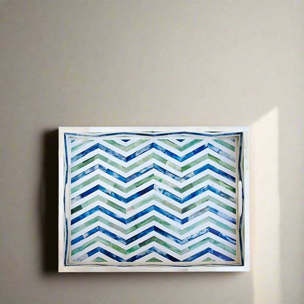 Bone Inlay Tray in Geometric Chevron Design - Blue and Green