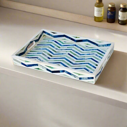 Bone Inlay Tray in Geometric Chevron Design - Blue and Green