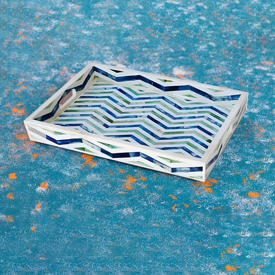 Bone Inlay Tray in Geometric Chevron Design - Blue and Green