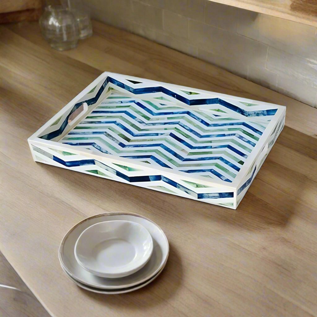 Bone Inlay Tray in Geometric Chevron Design - Blue and Green