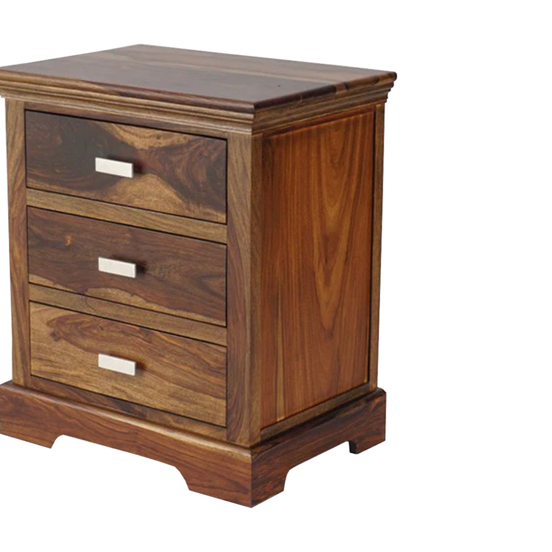 wooden bedside table with 3 drawers , best for home decor , unique bedside