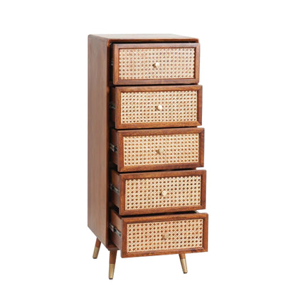 Classic 5-Drawer Wooden Chest / Cane Work-Tall Boy Dresser