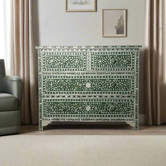 HANDMADE GREEN MOTHER OF PEARL INLAY CHEST OF 4 DRAWERS