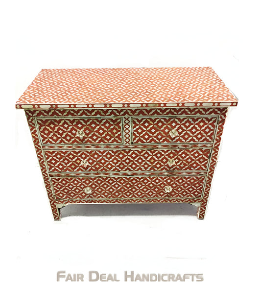 HANDMADE TERRACOTTA SEMI GEO MOTHER OF PEARL INLAY CHEST OF DRAWER