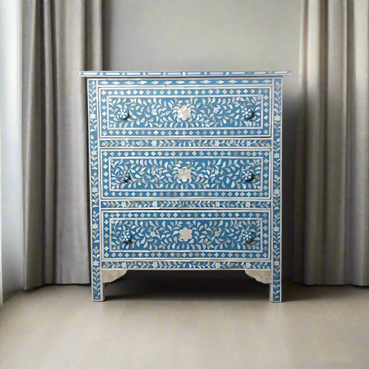 HANDMADE BLUE MOTHER OF PEARL CHEST OF 3 DRAWERS